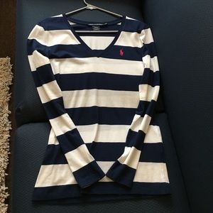Navy blue and white striped long sleeve polo shirt