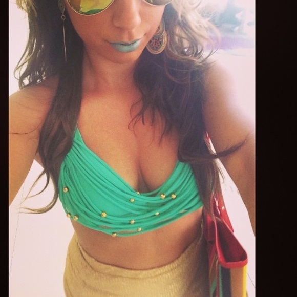 green with gold beads swim top