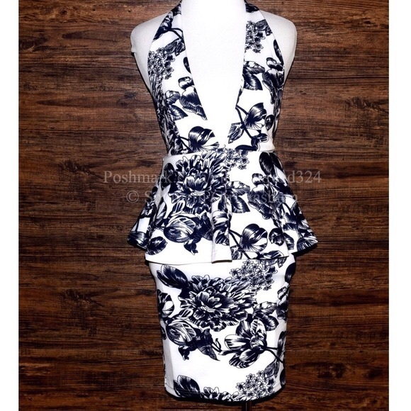 HALTER DRESS Floral Printed Peplum Bodycon Mini - Picture 3 of 4