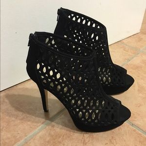 Black suede caged peep toe heels