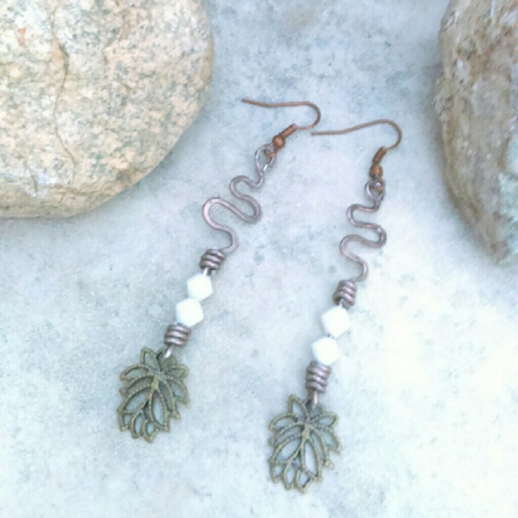 Bronze Leaf Long Hammered Handmade Earrings - Picture 1 of 3