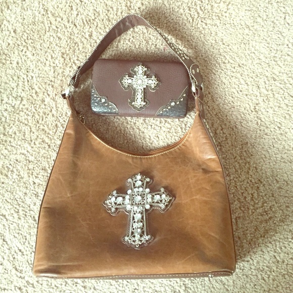 Brown Cross and Rhinestone Purse/Wallet Set
