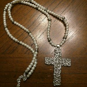Faux Pearl Floral Cross Necklace