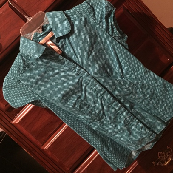 Teal button down with small white polka dots!