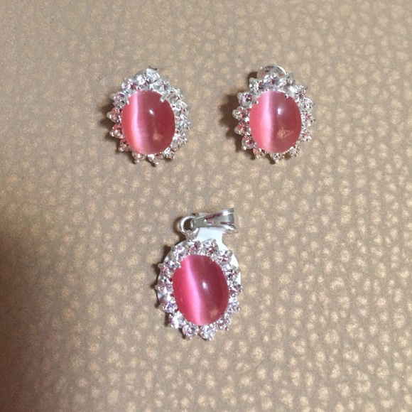 Silver plated Pink Earrings and Pendant