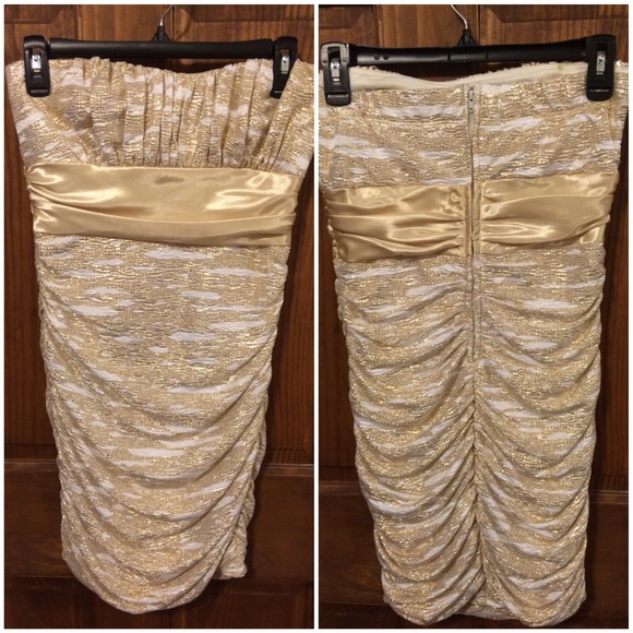 Cream and gold strapless dress
