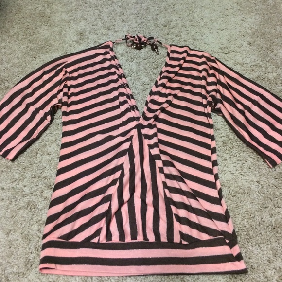 Ella moss pink brown stripe v neck stripe top xs
