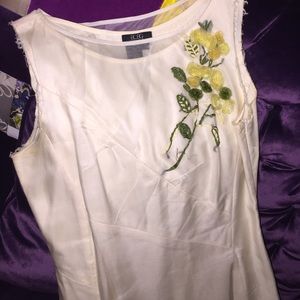 BCBG cream dress with sheer overlay.