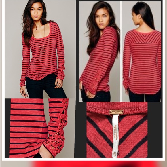 Free People Tops - Free People Red Hard Candy Embroidered Cuff Sleeve