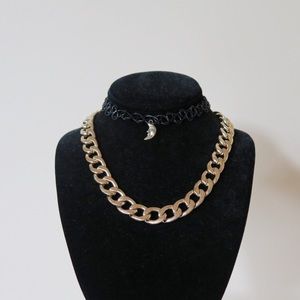 Crescent Moon Choker and Gold Chain Necklace