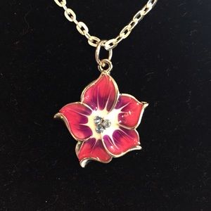 A silver chain with a pretty red flower