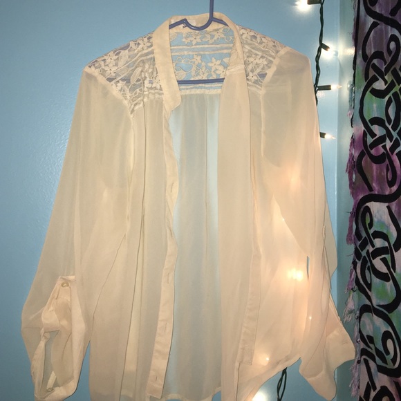 Sheer floral decal button down long sleeve