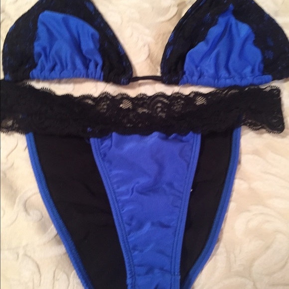 Sexy! Blue with black lace bikini. Men love this 1
