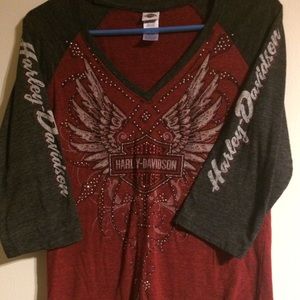 Harley Davidson shirt. Lots of bling!