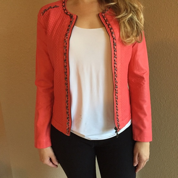 Coral Quilted Chain Lined Moto Jacket - Picture 2 of 4