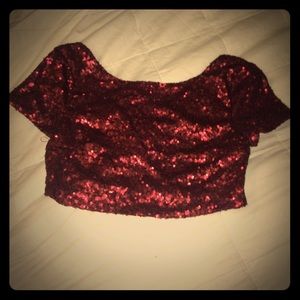 XS Burgundy Sequin Dazzled Crop Top from Tobi