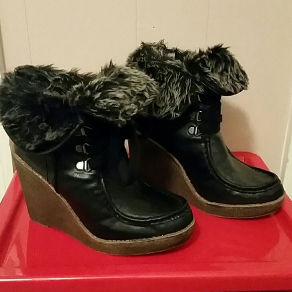 Black furry/leather ankle boots