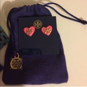 New Tory Burch Pink with gold logo heart earring