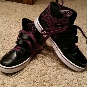 Black and purple leopard high tops