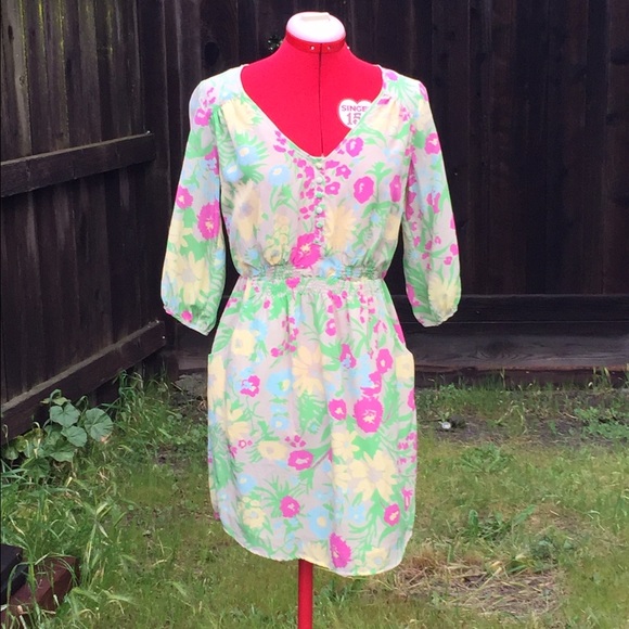 Flowered gathered waist peasant dress