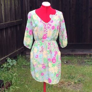Flowered gathered waist peasant dress