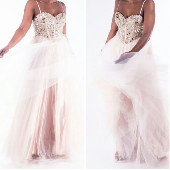 Dave and Johnny Long Beaded Corset Tulle Gown