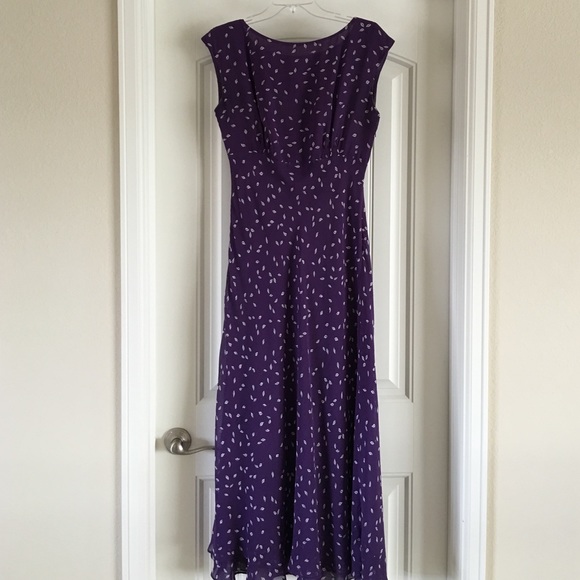 Purple print lined maxi dress with bottom ruffle
