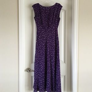 Purple print lined maxi dress with bottom ruffle