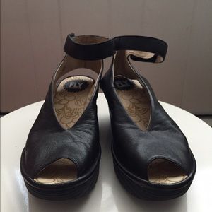 Fly London peep-toe, ankle strap wedge