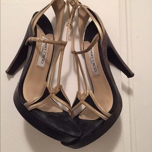 SOLD!!Jimmy Choo gold and black wooden heel sandal