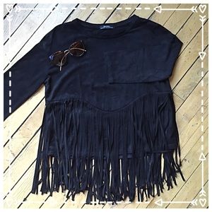 Black faux suede fringe top