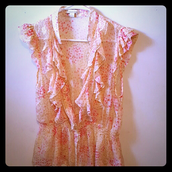 Forever 21 ruffle floral yellow pink sheer top