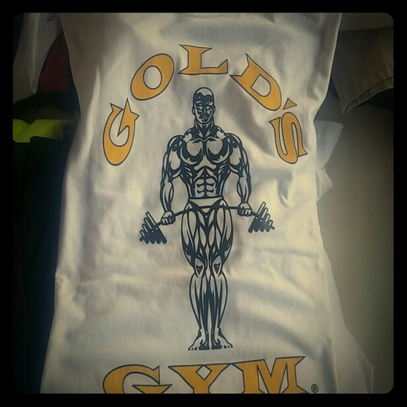Golds Gym! Workout shirt! Gold and white! Comfort!