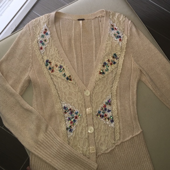 Long, Free People cardigan w/lace & beading detail