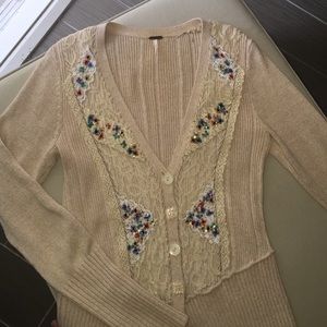 Long, Free People cardigan w/lace & beading detail