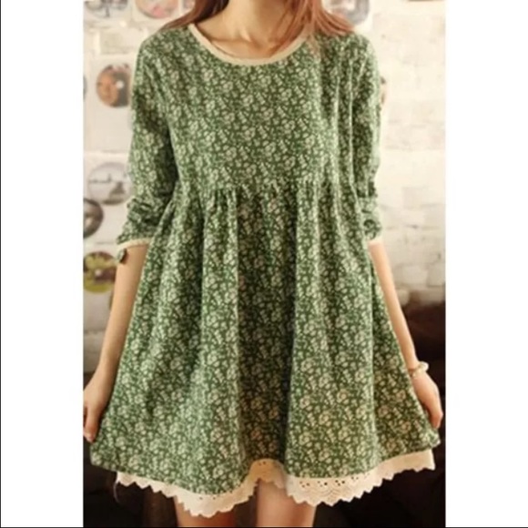 Vintage Floral Printed Doll Dress Dark Green