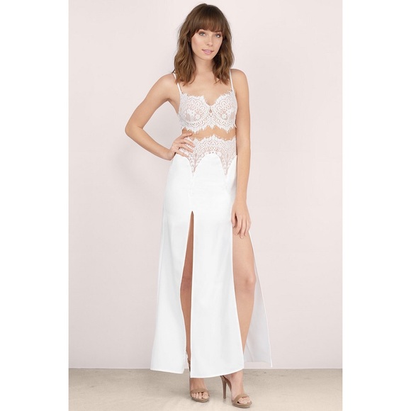 ✖️SOLD✖️White Lace Mesh Double Slit Maxi Dress - Picture 2 of 4