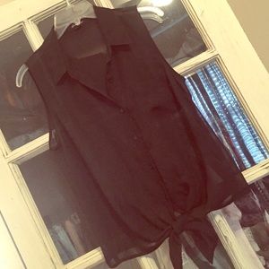 Casual black sheer button front tie tank.