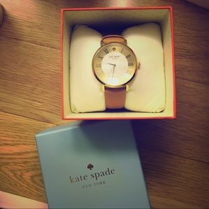 kate spade 'metro grand' round leather strap watch