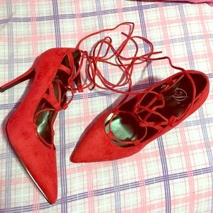 NEW RED SUEDE POINTY LACE UP PUMPS