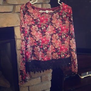 Red and black floral and lace fringe shirt