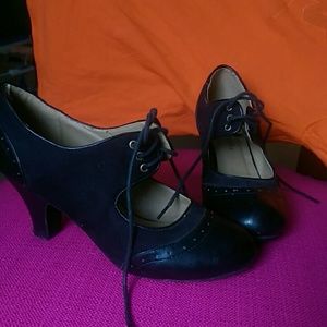 Suede, and vegan leather Mary Jane style heels.