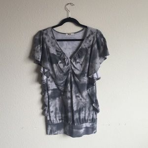 Gray and white low cut ruffle top