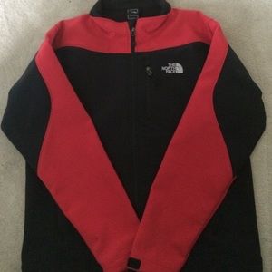 Hard shell black and red northface jacket.