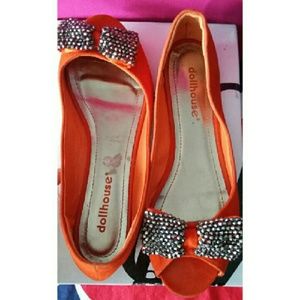Orange faux suede peep toe flats