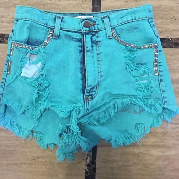 Teal-beaded high waisted Jean shorts