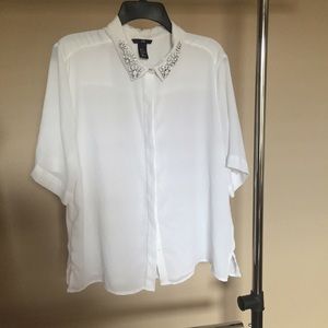 White bedazzled collared shirt