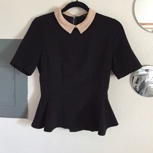 beige collared peplum shirt and pearled collar