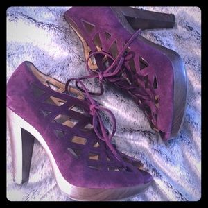Jessica Simpson lace up purple suede cut-out heels