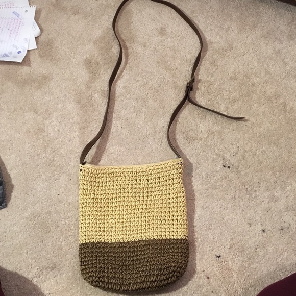 Tan and brown woven cross body purse